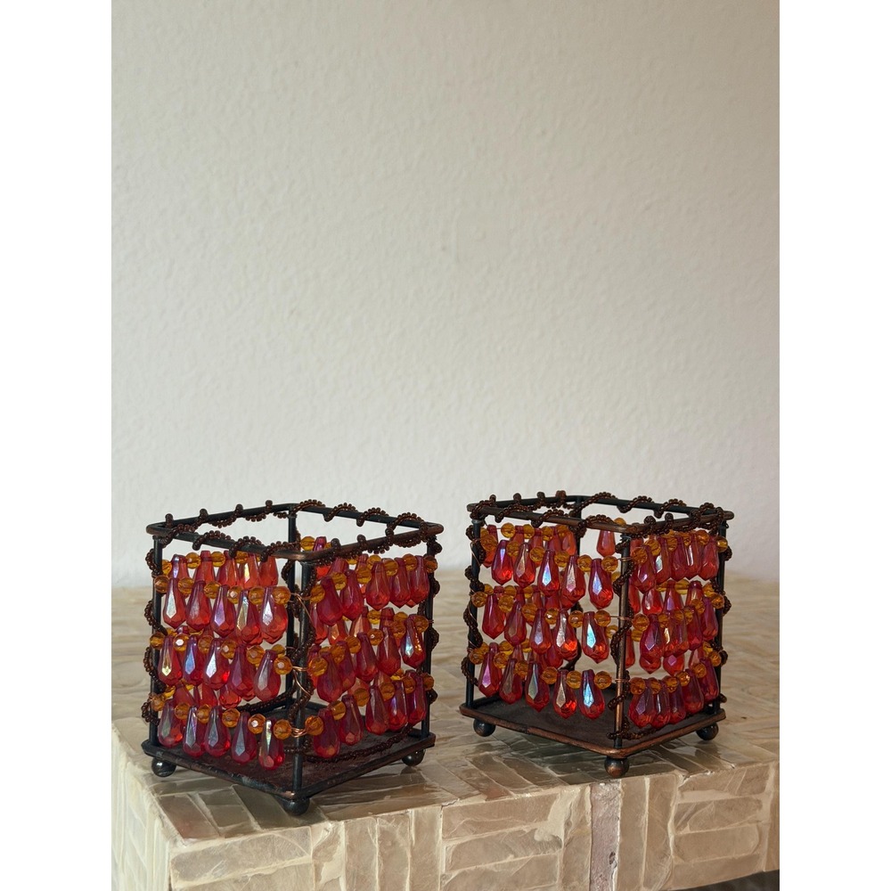 Set of 2 Square Beaded Red Amber Metal Tea Light Holders 4 in Boho